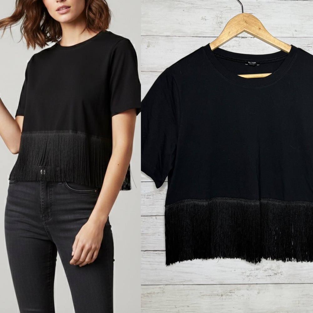 Express Black Fringe Hem Cropped T-shirt Medium